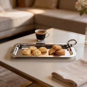 May include: A polished stainless steel serving tray with a handle holds an assortment of biscuits. A small cup of coffee sits nearby. The biscuits are various shapes and shades of golden brown. A folded beige napkin rests on the table.
