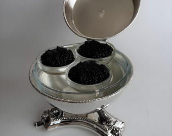 Caviar Server with Glass Bowls, Luxury Silver Plated, Handmade Brass Caviar Dish