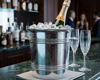 Round Ice Bucket Silver Wine Cooler Brass Cold Barware Decor