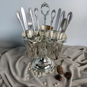 Elegant silverpläterad trippel bestick- och kexhållare – handgjort mässingsbordsställ