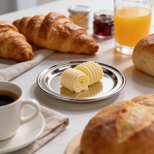 May include: A breakfast spread with croissants, bread rolls, and orange juice. Two butter curls are on a small silver plate. A cup of coffee and small jars of jam are also visible.