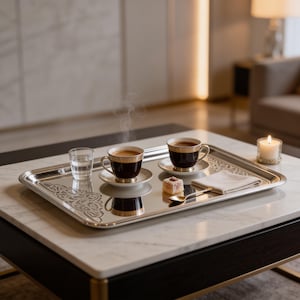 Könnte beinhalten: Ein silbernes Serviertablett mit zwei Kaffeetassen, Untertassen und einem kleinen Glas Wasser. Die Kaffeetassen sind dunkelbraun mit goldenen Verzierungen. Ein kleines Dessert und ein Löffel befinden sich ebenfalls auf dem Tablett. Eine brennende Kerze ist im Hintergrund.
