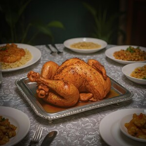 Op de afbeelding: Een gebraden kalkoen op een zilveren schaal, omringd door borden met bijgerechten, op een wit tafelkleed. De kalkoen is goudbruin met zichtbare kruiden. De scène suggereert een feestelijke maaltijd.