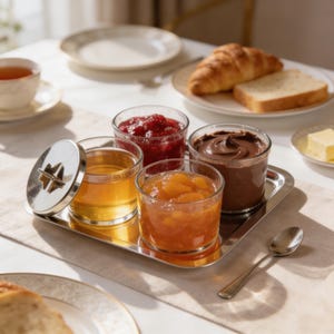 Breakfast Serving Set Silver Jam Holder Brass Honey Bowl, 4 Pieces with Tray