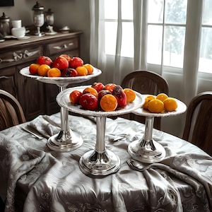 Versilbertes Servierset, Obstdessert-Sockelschalen, handgefertigtes Messingständerset, kleines mittelgroßes Display, elegantes Partytischdekor