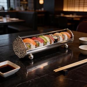 May include: A silver sushi serving tray with various sushi rolls. The tray has decorative filigree ends and rests on small ball feet. Soy sauce in a white square dish and chopsticks are on the dark wooden table.