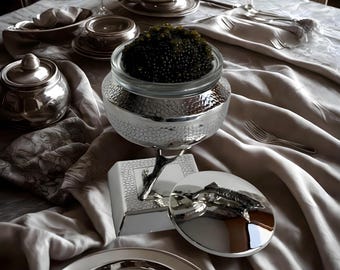 Handmade Silver Plated Caviar Server: Glass Bowl & Fish Lid