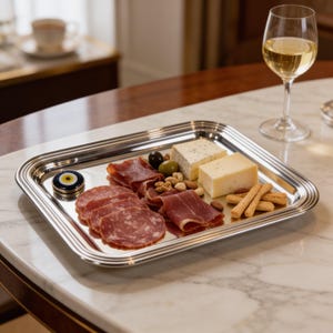 Puede incluir: Una bandeja rectangular plateada con una variedad de aperitivos, que incluyen salami en rodajas, prosciutto, queso, aceitunas, nueces y palitos de pan. Una copa de vino blanco está al lado de la bandeja. Un pequeño objeto decorativo redondo con un diseño de ojo está en la bandeja.