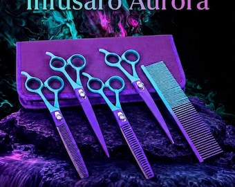 Juego de 4 tijeras y cizallas para peluquería canina Infusaro, accesorios profesionales para el cuidado de mascotas.