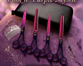 Infusaro Pink n' Purple Mystic Dog Grooming Scissors Set, Professional Pet Groomer Shears Kit