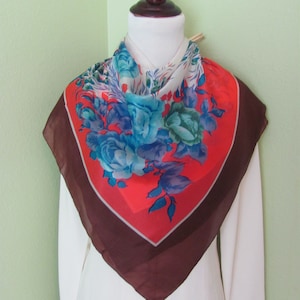 Antique Vintage Lightweight Brown Red Blue Floral Silk Scarf // 32&quot; 81cm Square // 1000+ Designer Silk Vintage Scarves
