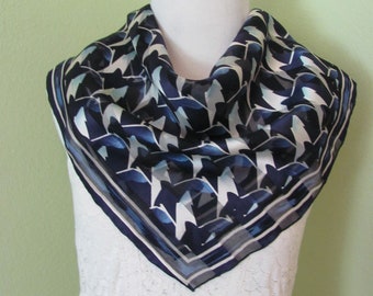 Beautiful Dark Blue White Sheer Silk Scarf // 21" Inch 54cm Square // 900+ Vintage & Designer Scarves in Stock