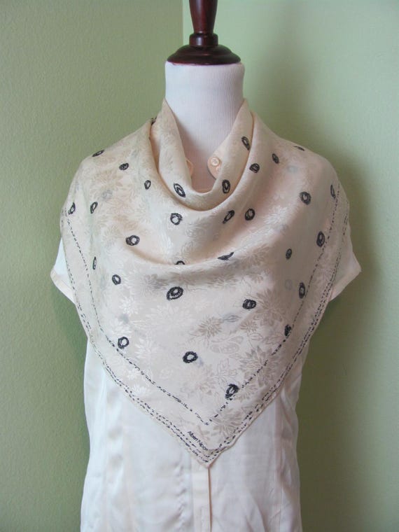 Albert Nipon // Beautiful Off White Damask Vintage Silk Scarf // 30" Inch 76cm Square // 800+ Designer signed Scarves in stock
