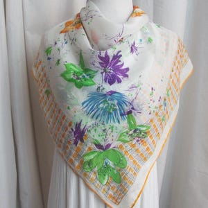 Lovely Vintage Off White Floral Orange Soft Silk Scarf // 30&quot; Inch 76cm Square // Best selection on Etsy! 800+ Designer Scarves