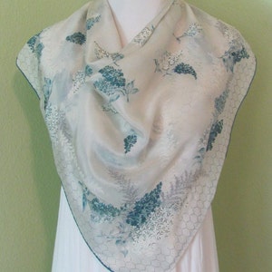 Lovely Vintage White Blue Floral Painted Silk Scarf // 30&quot; Inch 76cm Square // Antique Designer Scarves