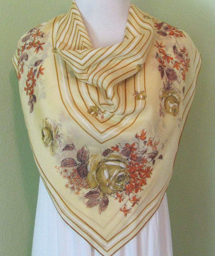 Antique Vintage Lightweight Yellow Floral Silk Scarf // 32