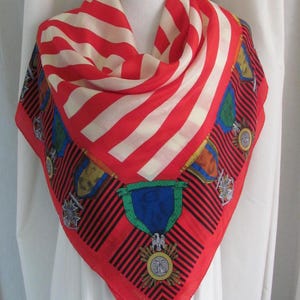 Ellen Tracy // Beautiful Red White Medals Large Silk Scarf // 35&quot; 90cm Square // Over 800 Vintage Designer Signed Scarves to choose from