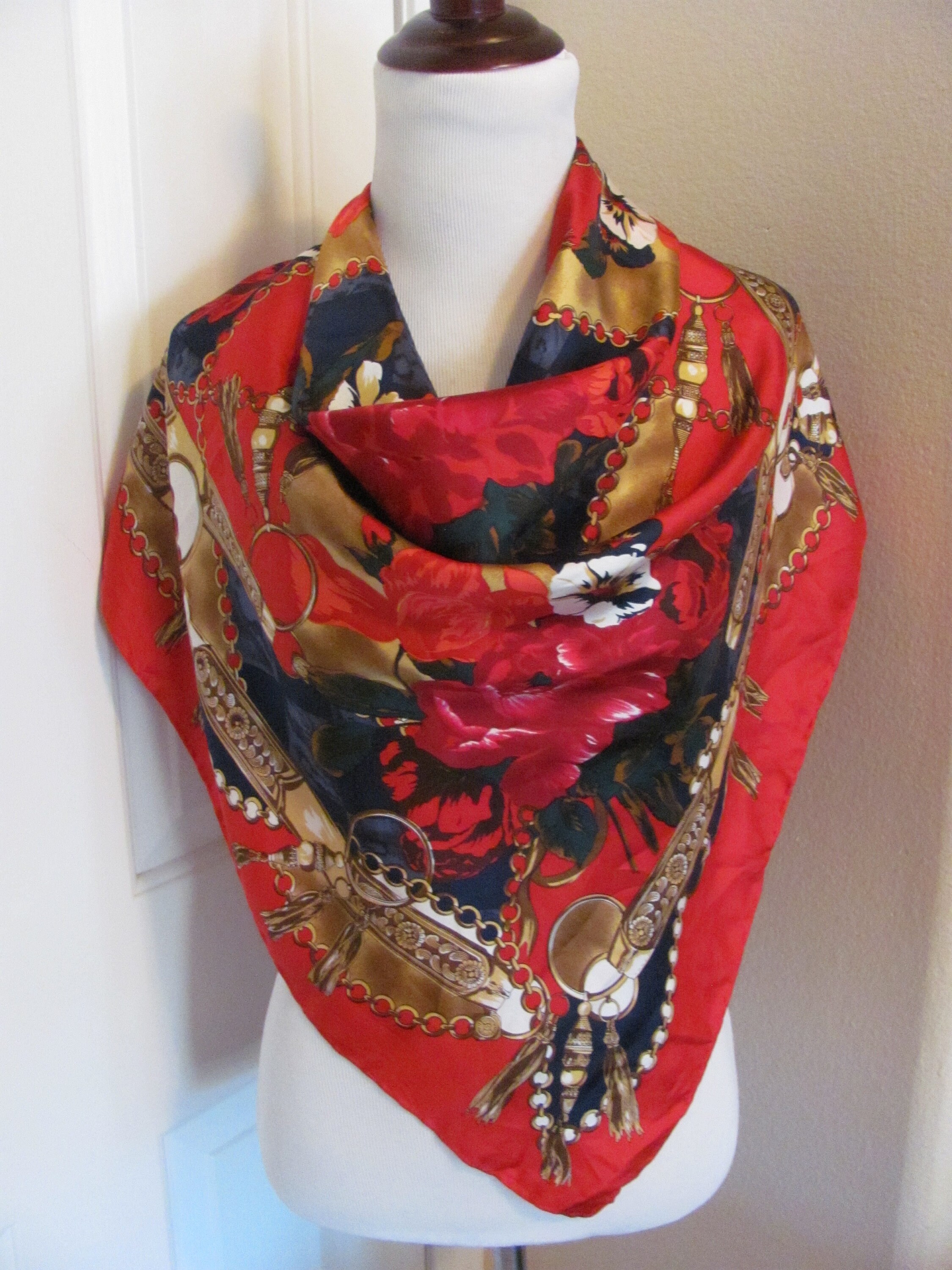 Express Scarf // Beautiful Red Floral Large Silk Scarf X // Etsy