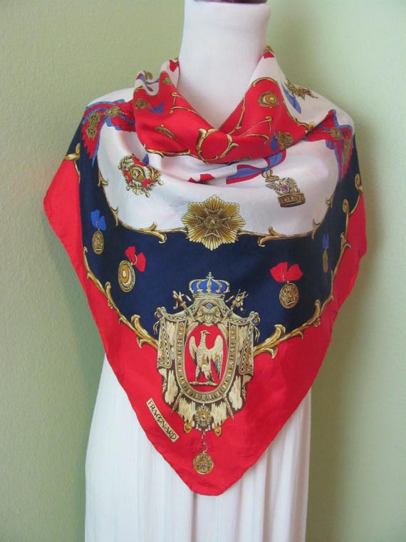 Fragonard France // Beautiful White Red Gold Vintage Silk Scarf