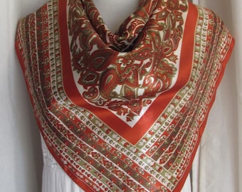 Beautiful Rust Green White Paisley Acetate Scarf  - 25&quot; Inches Square // Vintage Designer Signed Scarves - many to choose from in my shop