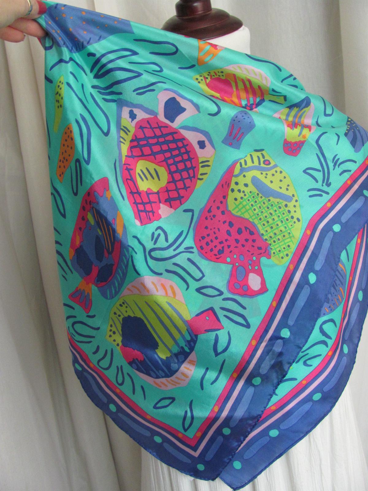 Ken Done // Beautiful Colorful Blue Fish Silk Scarf Australia