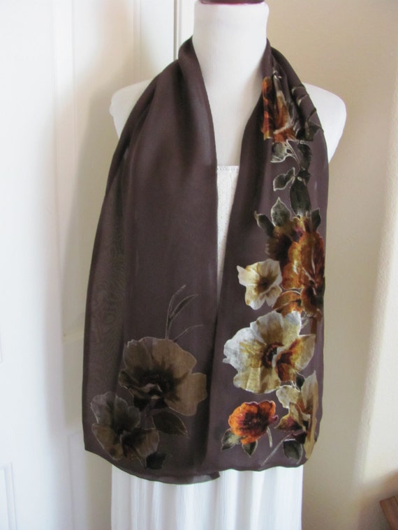 VENTE Belle écharpe en soie floquée floquée florale brune à 2 - Etsy France