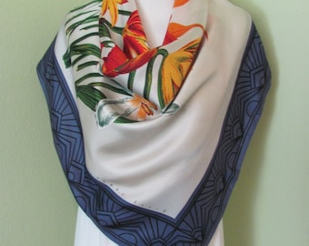 Perry Ellis // Beautiful White Blue Floral Large Silk Scarf // 35&quot; 90cm Square // Best of the Best // 900+ Designer SIlk Scarves in stock