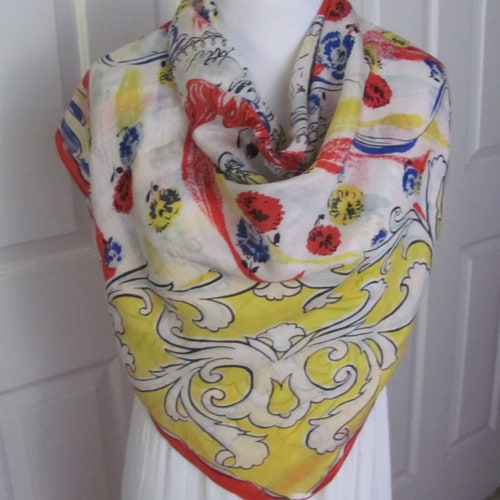 Antique Vintage Lightweight White Colorful Silk Scarf // 32" 81cm Square
