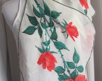 Carol Stanley // Piękna, wyjątkowa, biała, kwiatowa chusteczka w stylu chusteczki, rzadka, zabytkowa, antyczna, jedwabna apaszka // 13 cali, 52 cm, kwadrat x 2