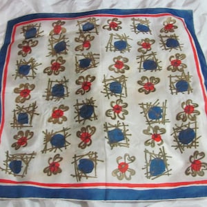 Beautiful Small Antique White Blue Gold Painted Silk Mini Scarf Handkerchief // 17&quot; Inch 44cm Square // Vintage Designer SIlk Scarves