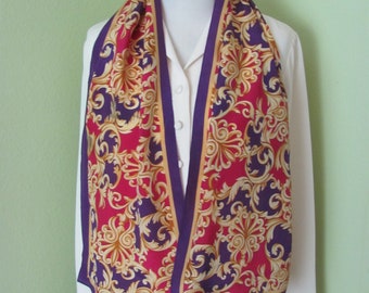 Morgan Taylor // Purple Red Gold Silk Scarf // 11" x 48" Long  - Best of the Best // 1000+ Designer Silk Vintage Scarves