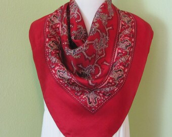 Beautiful Red Burgundy Bandana Style Paisley Silk Scarf  // 25" Inch 64cm Square // Over 900 Scarves in Stock