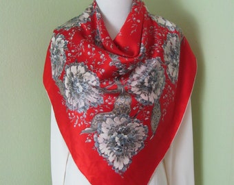 Beautiful Vintage Red White Floral Silk Scarf // 34" Inch 92cm Square // My Favorite // Antique Designer Silk Scarves