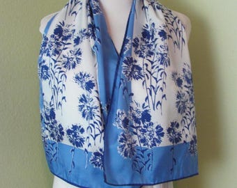 VERA Neumann // Lovely White Blue Vintage Silky Scarf - 14&quot; x 44&quot; Long // 800+ Designer Signed Scarves in my shop!