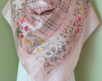 Burberry // Beautiful Pink Plaid Floral Soft Silk Scarf // 34" Inch 88cm Square //  Best of the Best // Designer SIgned Scarves