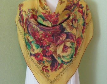 Lovely Vintage Antique Yellow Floral Silk Scarf  // 31" Inch 79cm Square // 900+ Designer Signed Silk Scarves