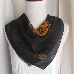 Beautiful Black Sheer Silk Scarf Asian Print // 20