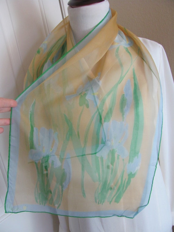 14 x 44 Long Vera Neumann  Lovely Orange Green Floral Sheer Silk Scarf