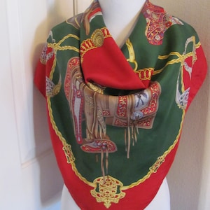 ERRE  // Green Red Gold Made in Italy Silk Scarf  // 34" Inch 88cm Square // Best of the Best // Silk Designer Vintage Scarves