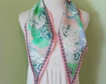 ECHO // Beautiful Vintage White Pink Floral Soft Silk Scarf - 13" x 44" Long  Diamond Shape - 900+ Affordable Scarves!!!