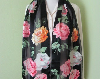 ECHO // Beautiful Black Floral Soft Silk Scarf // 11" x 56" Long // Best of the Best Vintage Silk & Designer Scarves