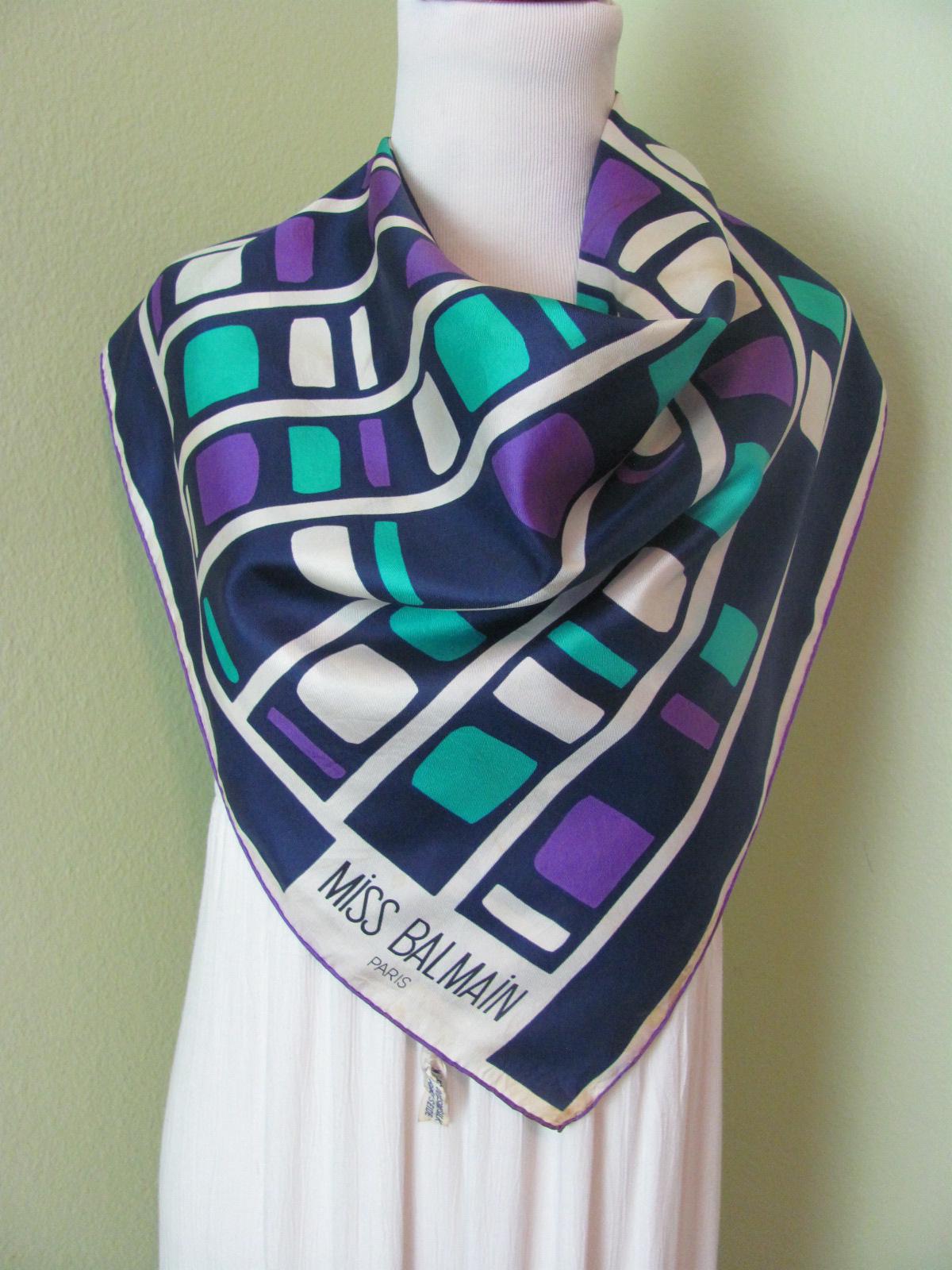Miss Balmain Paris // Lovely Vintage Blue White Purple Silk Scarf