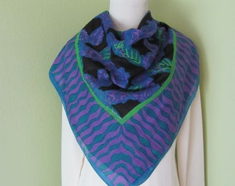 Dark Blue Purple Tropical Cotton Scarf // 32" Inch 81cm Square // Best selection on etsy! // Vintage Silk Designer Scarves