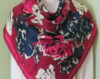 Talbots // Beautiful Dark Red Burgundy Floral Silk Scarf // 34" Inch 88cm Square // Best of the Best // Vintage Designer SIgned Silk Scarves