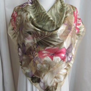 Liz Claiborne // Beautiful Off White Green Floral Tropical Silk Scarf // 30&quot; Inch 76cm Square // Vintage Designer Signed Scarves