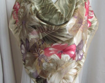 Liz Claiborne // Beautiful Off White Green Floral Tropical Silk Scarf // 30" Inch 76cm Square // Vintage Designer Signed Scarves