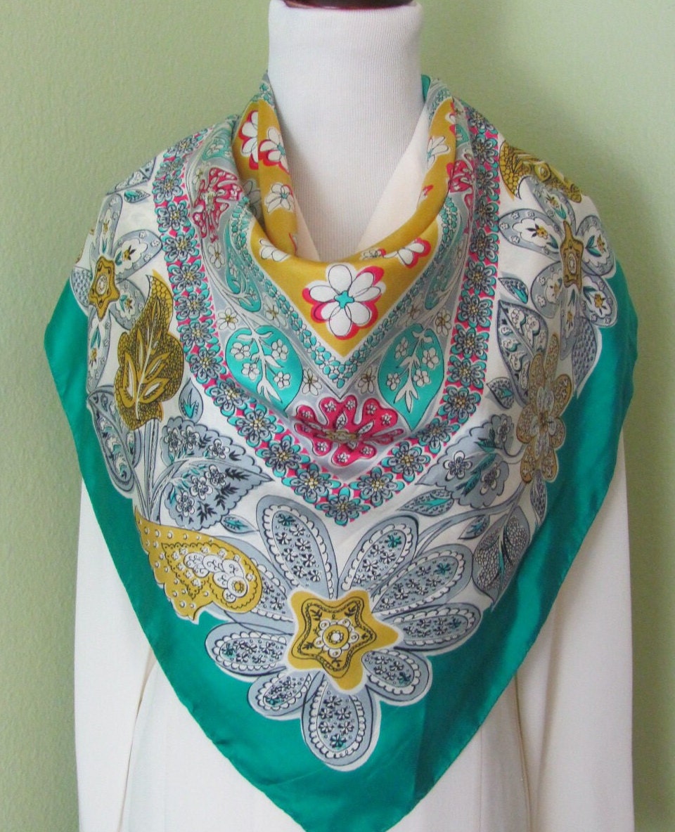Kimball // Beautiful Green Colorful Antique Silk Scarf // 34