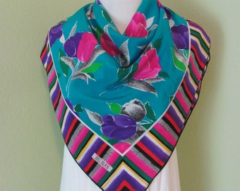 Bill Blass Scarf // Colorful Turquoise Floral Silk Scarf // 30" Inch 76cm Square - Best of the Best