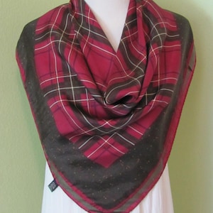Beautiful Made in Italy Burgundy Green Plaid Soft Silk Scarf  // 31&quot; Inch 78cm Square // Designer Vintage Silk Scarves
