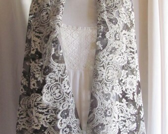 Beautiful Black Net White Floral Lace Mantilla Scarf Shawl Wrap Veil Spanish  - 30" x 60" Long